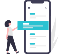 a graphic with a girl standing next to big phone, managing tasks
